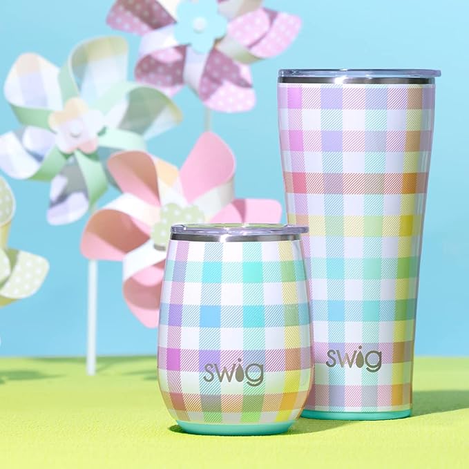 Swig Life 14oz Insulated Wine Tumbler with Lid | Discontinued Prints | Dishwasher Safe, Holds 2 Glasses, Stainless Steel Outdoor Wine Glass (Pretty in Plaid)