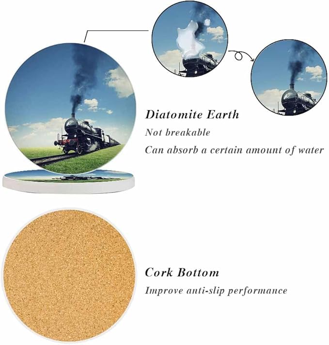 Steam Engine Train Coasters for Drinks Crosses a Green Lawn Coasters for Table Ceramic Absorb Stone Coasters with Coffee Table Cork Base for Home Decor 2 Pcs