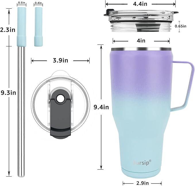 Sursip 40 oz Insulated Tumbler with Screw Lid - Stainless Steel Vacuum Cup with Straw/Handle, Keeps Drinks Cold up to 24 Hours - Sweat/Leak Proof, Dishwasher Safe, Fits Car Cup Holder (Purple&Blue)