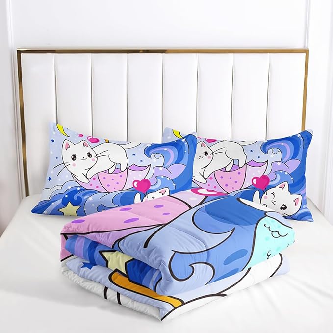 Suncloris Kids Mermaid Cat Comforter, Cats On Purple Blue Wave Bedding Bedspread for Girls Teens, Lovely Animal Bedroom Decor with 2 Pillow Cases (04, Twin)