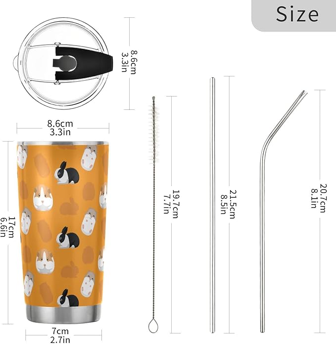 Tumbler Guinea Pig Cute Rabbit Insulated Coffee Cup Beverage Container Office Travel Mug with Straw and Lid 20oz Back to School Gift