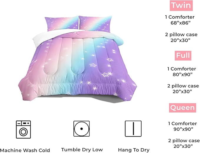 Starry Rainbow Comforter Set Queen Size for Teen Girl Women,Star Printed Comforter Set,Ultra Soft Microfiber 3 Piece Bedding Set 1 Comforter and 2 Pillowcases,All Season