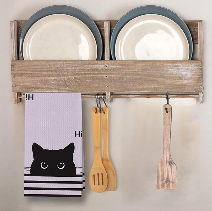 Black Cat Waffle Kitchen Towels, Gifts for Cat Lovers Moms Dish Tea Towels for Kitchen,Decorative Hand Towels for Bathroom Guest Room Decor, 16x24 Inch (Puple)