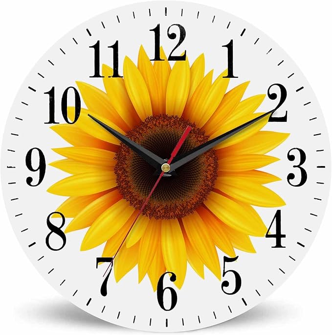 Sunflower Flower Wall Clock Beautiful Yellow Floral Blooming Nature Bright 10 Inch Silent Non Ticking Battery Operated Clock Vintage Round Clock for Living Room Bedroom Bathroom Office Decor