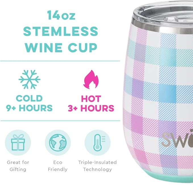 Swig Life 14oz Insulated Wine Tumbler with Lid | Discontinued Prints | Dishwasher Safe, Holds 2 Glasses, Stainless Steel Outdoor Wine Glass (Pretty in Plaid)