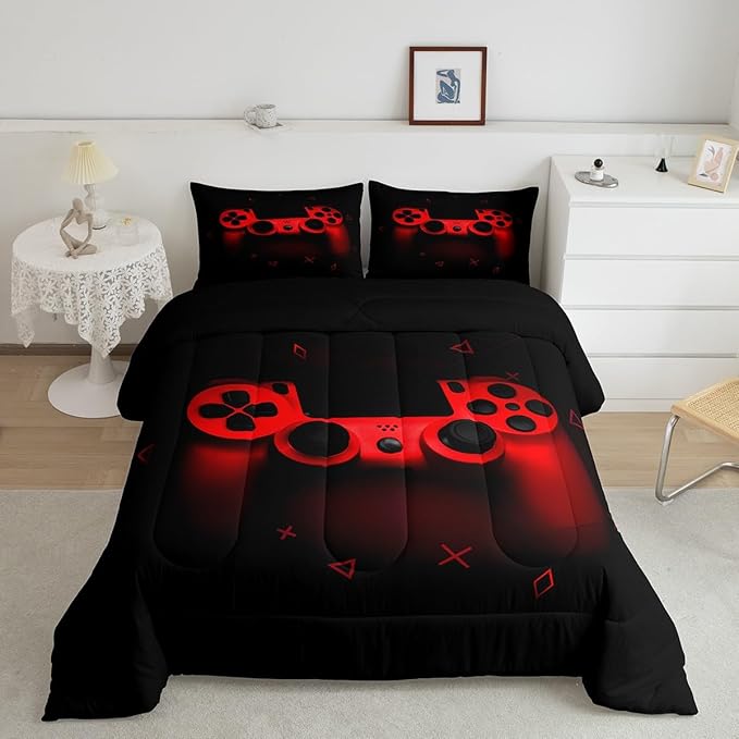 Boys Gamer Comforter Set Full Size,Gamepad Bedding Set Kids Young Man Video Games Down Comforter for Teen Child Game Room Decor Black Red Classic Retro Gaming Quilted Duvet Set with Pillowcase