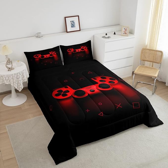Boys Gamer Comforter Set King Size,Gamepad Bedding Set Kids Young Man Video Games Down Comforter for Teen Child Game Room Decor Black Red Classic Retro Gaming Quilted Duvet Set with Pillowcase