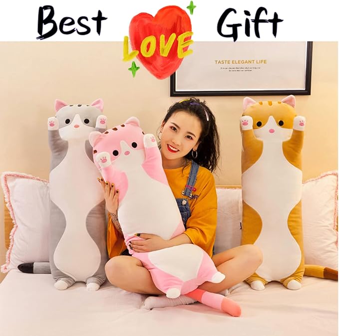 Soft Cat Plush Long Stuffed Animal Sleeping Pillow - Cotton Kitten, Cute Long Body Pillow, Gift for Kids, Girlfriend (19.7inch/50cm, Pink)