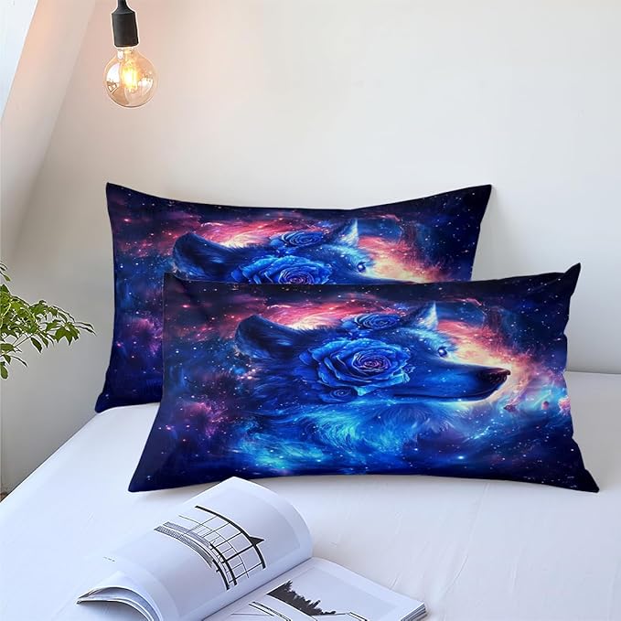 Blue Galaxy Wolf Comforter Set Twin Size Cute Animal Bedding Set Aesthetic Bedding Comforters Soft Down Alternative Comforter Sets with 1 Pillowcase