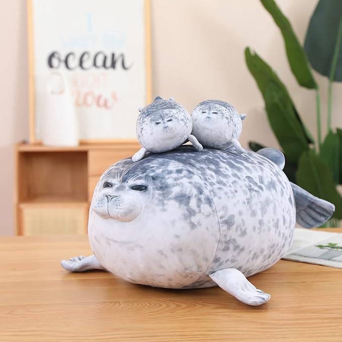 SQEQE Chubby Seal Pillow Plush with 4 Baby Seal Plushies in Her Tummy, Stuffed Cotton Plush Animal Toy Gift for Kids