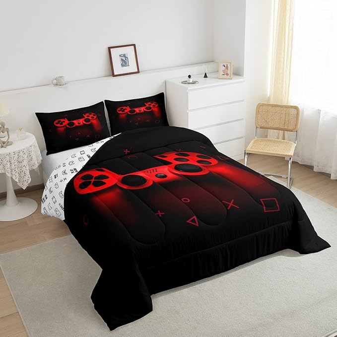 Boys Gamer Comforter Set King Size,Gamepad Bedding Set Kids Young Man Video Games Down Comforter for Teen Child Game Room Decor Black Red Classic Retro Gaming Quilted Duvet Set with Pillowcase