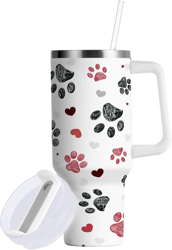 Boccsty Black Red Dog Paw Prints Hearts Insulated Tumblers Reusable Stainless Steel Tumbler 30 oz Cup Coffee Travel Mug Water Bottle with Handle & Flip Straw for Home Office Car