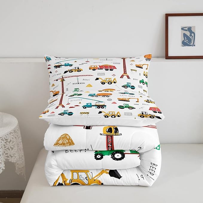Tractor Comforter, Excavator Machinery Trucks Bedding Set Full Size, Construction Vehicle Down Comforter, Bulldozer Crane Equipment Truck Quilt Set For Child Teens 3Pcs Bedroom Decor, Yellow Green