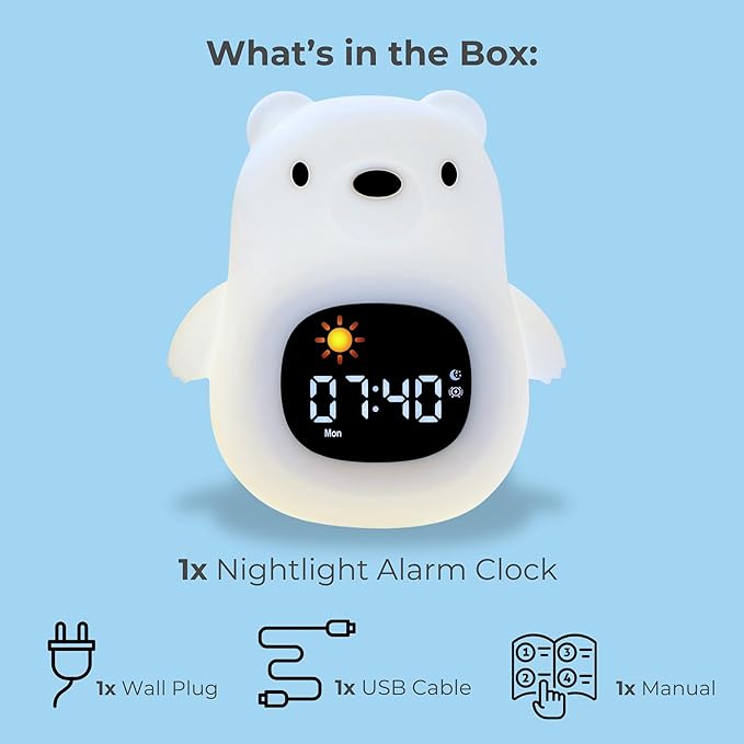 Bumble & Bright Bear Kids Alarm Clock with Night Lamp & Sound Machine | 8 Soothing Colors & 6 Relaxing Sounds | USB Powered | Adorable Alarm Clock for Kids, Girls & Boys