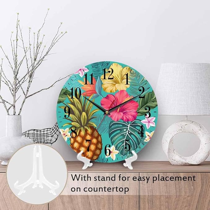 Tropical Pineapple Wall Clock Blooming Hibiscus Flowers Palm Exotic 10 Inch Silent Non Ticking Battery Operated Clock Vintage Round Clock for Living Room Bedroom Bathroom Office Decor