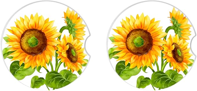 Sunflower Car Coasters for Drinks Absorbent,2 Pack Cup Holders,2.56" Ceramic Stone & Non-Scratch Cork Base Coasters,Auto Accessories for Women & Men