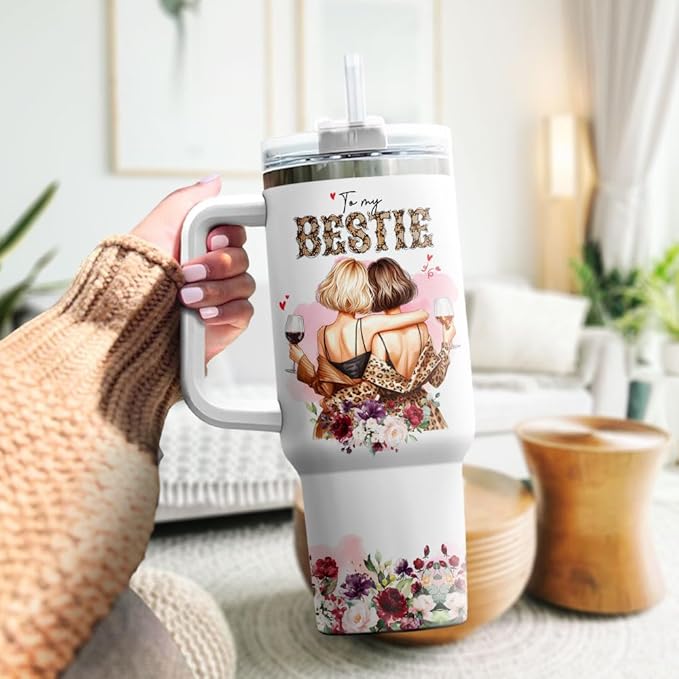 Tumbler 40 Oz With Handle Lid And Straw, My Bestie Watercolor Floral, Boss Tumblers Funny Cups Women Leopard Friends Stainless For Print Steel Coffee Flower