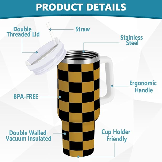 Boccsty Black Gold Squares Checkered Insulated Tumblers Reusable Stainless Steel Tumbler 40 oz Cup Coffee Travel Mug Water Bottle with Handle & Flip Straw for Home Office Car