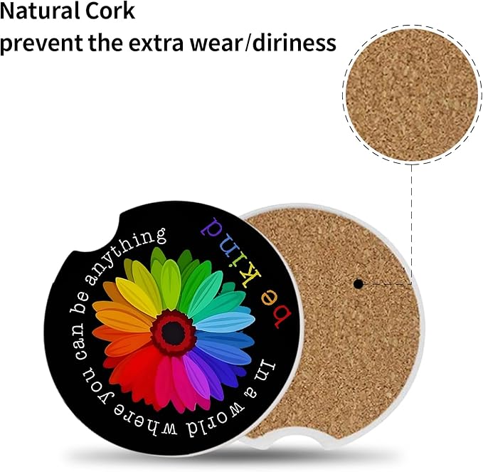 Absorbent Car Coasters 2 Pack for Cup Holders, 2.56" Ceramic Stone & Non-Scratch Cork Base Drink Coasters, Auto Accessories for Women & Men(Colorful Sunflower)