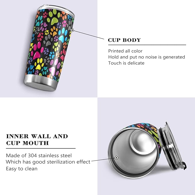 Tumbler Rainbow Dog Paw Cute Insulated Coffee Cup Beverage Container Travel Mug with Straw and Lid Double Wall Stainless Steel 20oz BPA-Free for Sport, Back to School