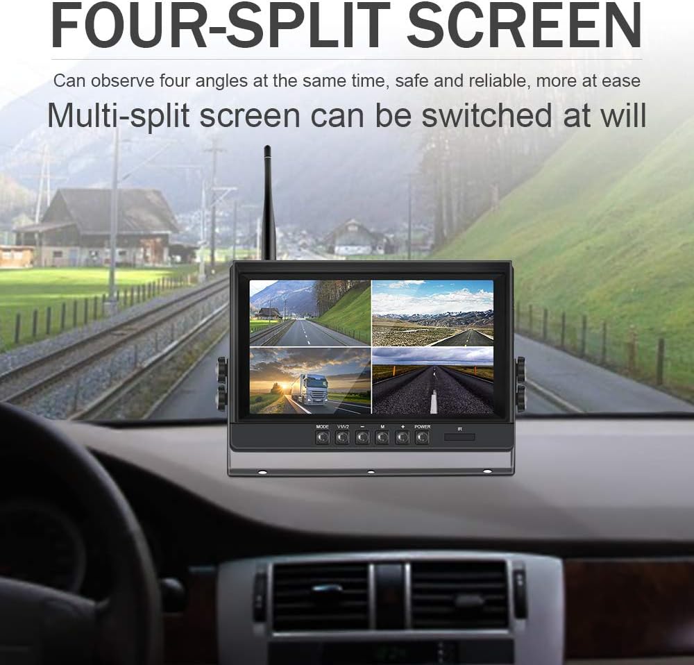 EVERSECU 4pcs Digital HD 1080P Wireless Car Backup Camera with 9 inch 4ch Quad Display Monitor/Car DVR/Dash Monitor/Vehicle Video Recorder for RV/SUV/Van/Pickup/Truck/Trailer Rear/Side/Front View