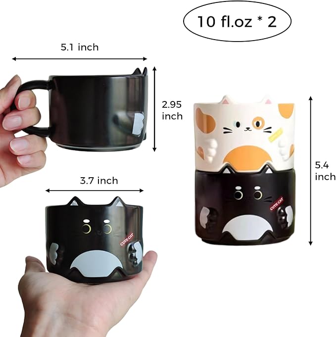 Stackable Cat Mug Set of 2 - Adorable Ceramic Coffee Mugs for Cat Lovers, Funny Cartoon Designs, Perfect Gifts for Party, Christmas, and Enthusiasts, 10 oz, Black and White