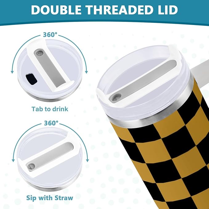 Boccsty Black Gold Squares Checkered Insulated Tumblers Reusable Stainless Steel Tumbler 30 oz Cup Coffee Travel Mug Water Bottle with Handle & Flip Straw for Home Office Car