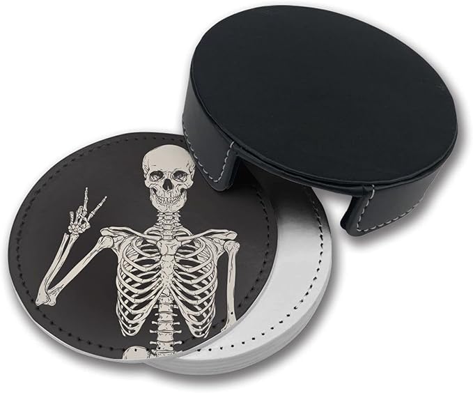 Skull Coasters for Drinks with Holder Leather Coasters Set of 6 Table Decor Protect Furniture from Water Marks Scratch and Damage