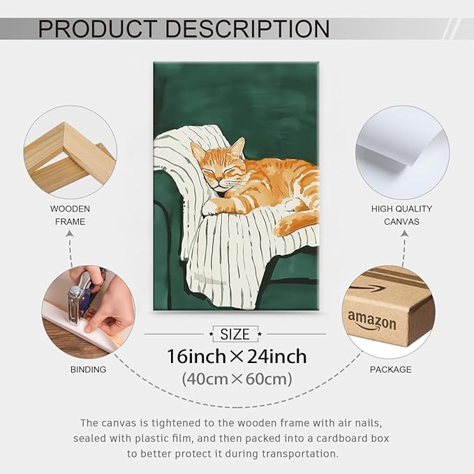 Sleeping Orange Cat poster Green Aesthetic Wall Art Preppy Funky Cute Animal Canvas Painting Gift For Cat Lover 16x24 inch Framed for Cozy Room Wall Decor