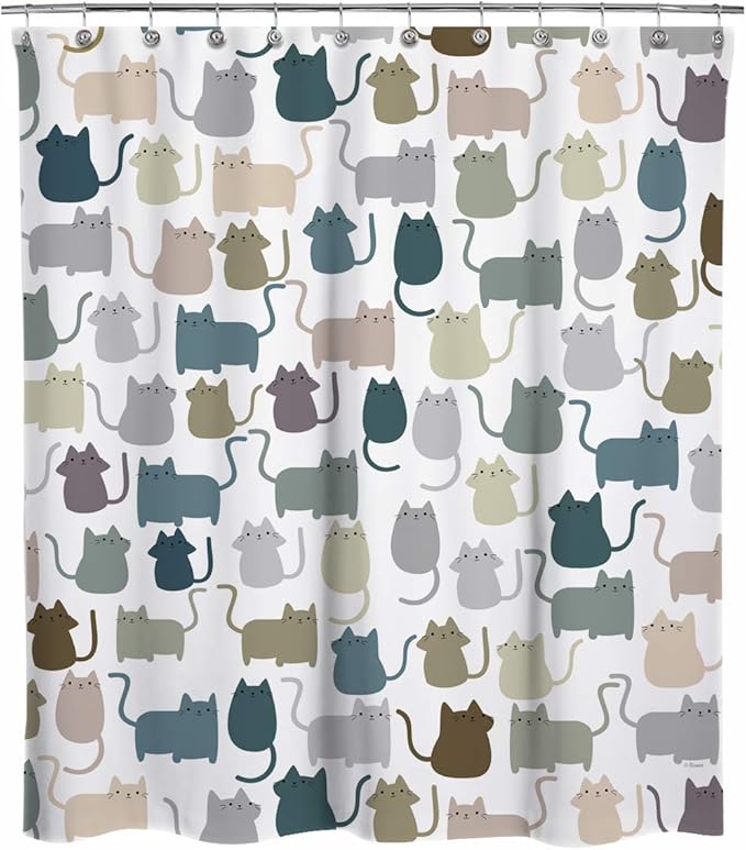 Sunlit Design Extra Long Lovely Multicolor Cartoon Cats Fabric Shower Curtain, Cute Cats Bathroom Decoration Curtains