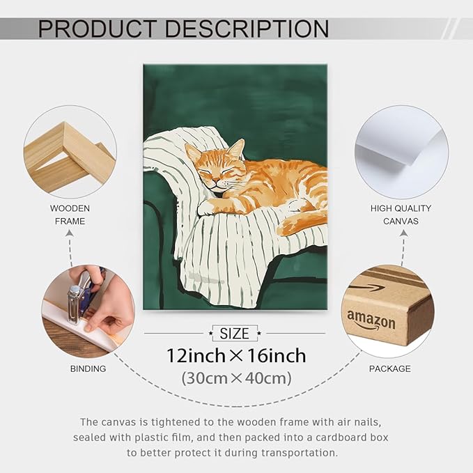 Sleeping Orange Cat poster Green Aesthetic Wall Art Preppy Funky Cute Animal Canvas Painting Gift For Cat Lover 12x16 inch Framed for Cozy Room Wall Decor