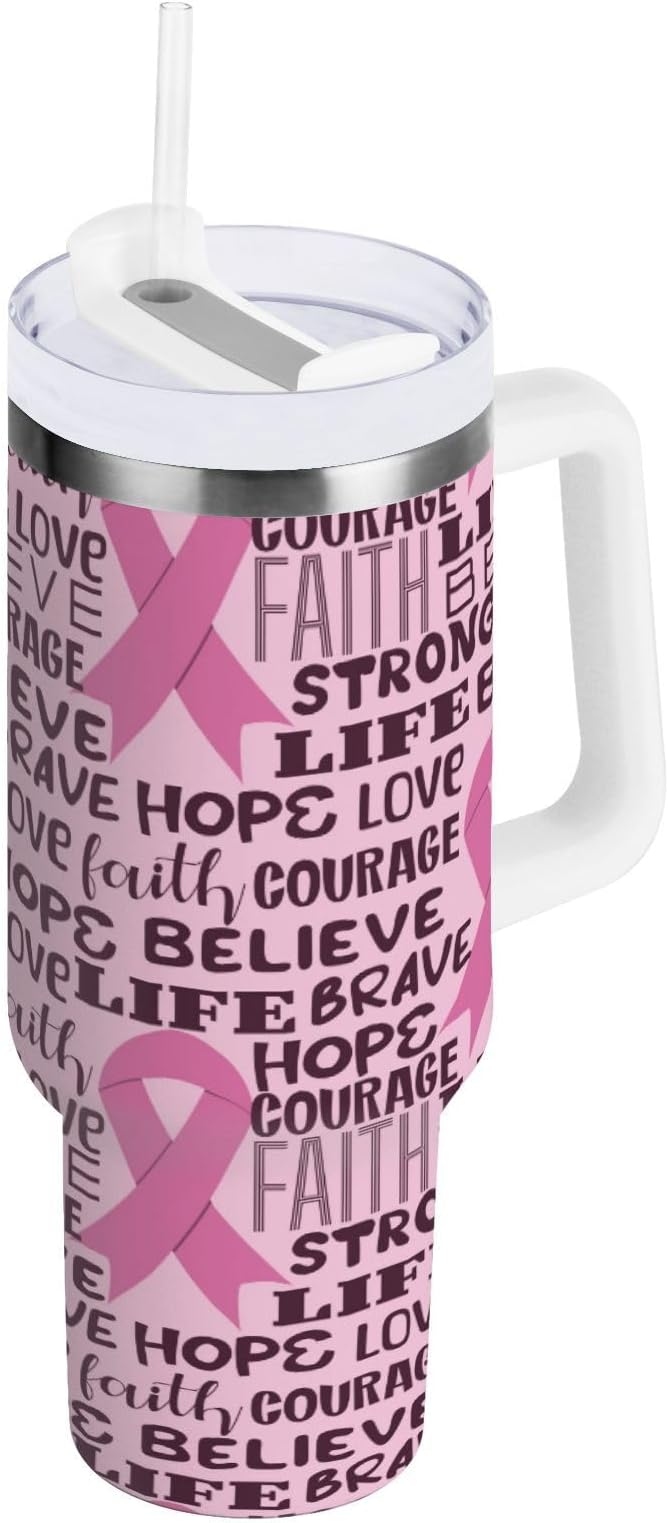 Boccsty Pink Ribbon Healthcar Breast Cancer Awareness Insulated Tumblers Reusable Stainless Steel Tumbler 30 oz Cup Coffee Travel Mug Water Bottle with Handle & Flip Straw for Home Office Car
