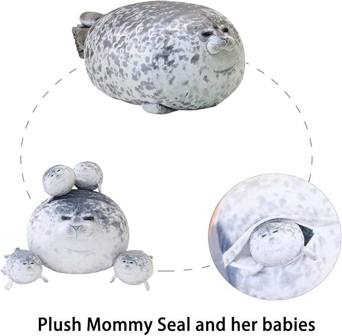 SQEQE Chubby Seal Pillow Plush with 4 Baby Seal Plushies in Her Tummy, Stuffed Cotton Plush Animal Toy Gift for Kids