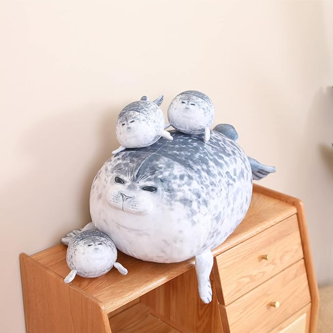 SQEQE Chubby Seal Pillow Plush with 4 Baby Seal Plushies in Her Tummy, Stuffed Cotton Plush Animal Toy Gift for Kids