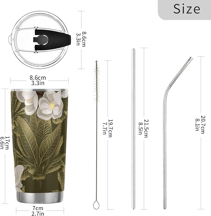 Tumbler Magnolia Flower White Insulated Coffee Cup Back to School Beverage Container Office Travel Mug with Straw and Lid 20oz