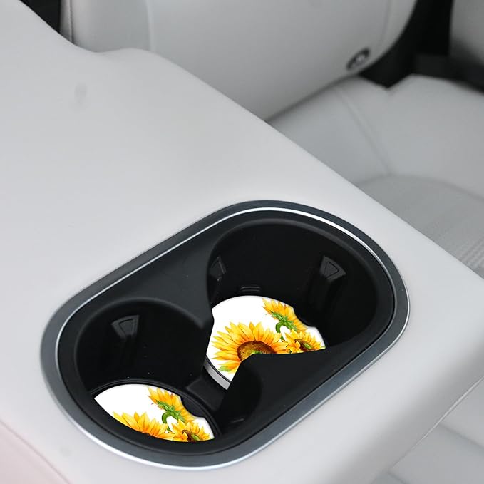Sunflower Car Coasters for Drinks Absorbent,2 Pack Cup Holders,2.56" Ceramic Stone & Non-Scratch Cork Base Coasters,Auto Accessories for Women & Men