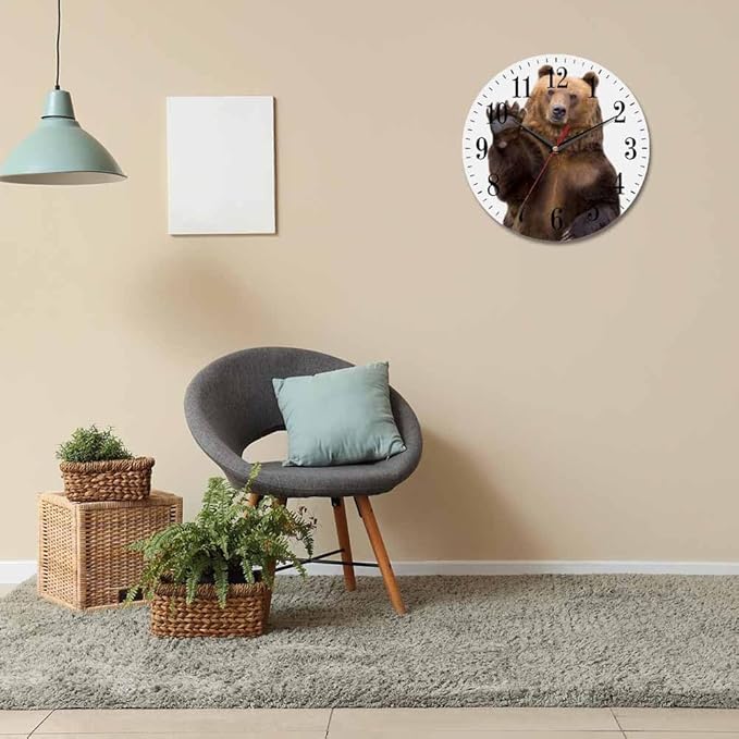Bear Wall Clock The Brown Bear Welcomes and Waves a Paw 10 Inch Silent Non Ticking Battery Operated Clock Vintage Round Clock for Living Room Bedroom Bathroom Office Decor