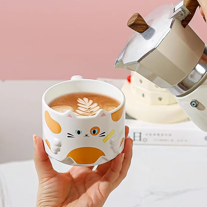 Stackable Cat Mug Set of 2 - Adorable Ceramic Coffee Mugs for Cat Lovers, Funny Cartoon Designs, Perfect Gifts for Party, Christmas, and Enthusiasts, 10 oz, Black and White