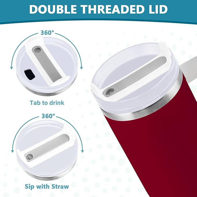 Boccsty Burgundy Solid Color Insulated Tumblers Reusable Stainless Steel Tumbler 40 oz Cup Coffee Travel Mug Water Bottle with Handle & Flip Straw for Home Office Car
