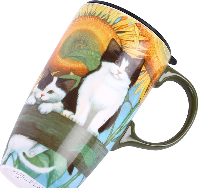 Topadorn Coffee Ceramic Mug Porcelain Latte Tea Cup With Lid 17oz. Cat
