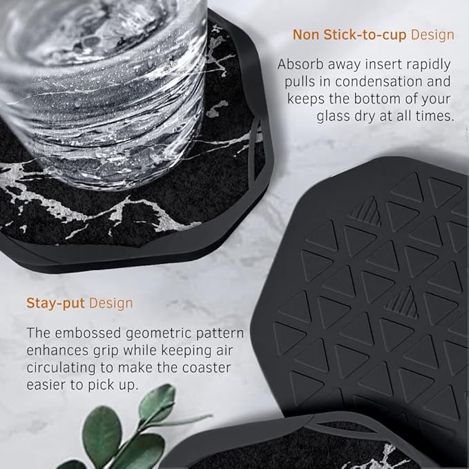UMIRRO Absorbent Coasters for Drinks, Silicone Cup Coaster with Felt Insert for Coffee Table Decor, Small Birthday Gift Ideas for Men Dad Him Women Mom Her, 4", Marble Style, Black White, Set of 4