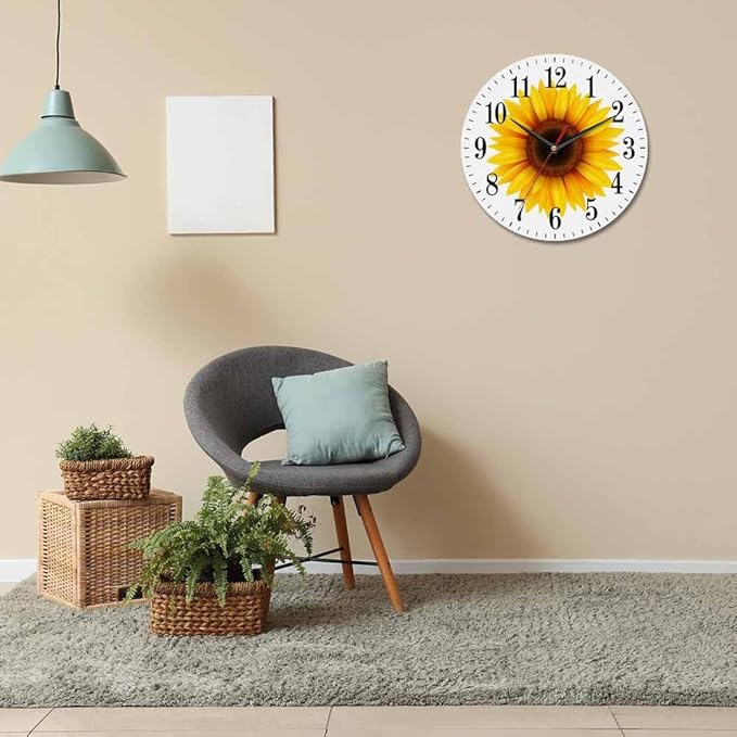 Sunflower Flower Wall Clock Beautiful Yellow Floral Blooming Nature Bright 10 Inch Silent Non Ticking Battery Operated Clock Vintage Round Clock for Living Room Bedroom Bathroom Office Decor