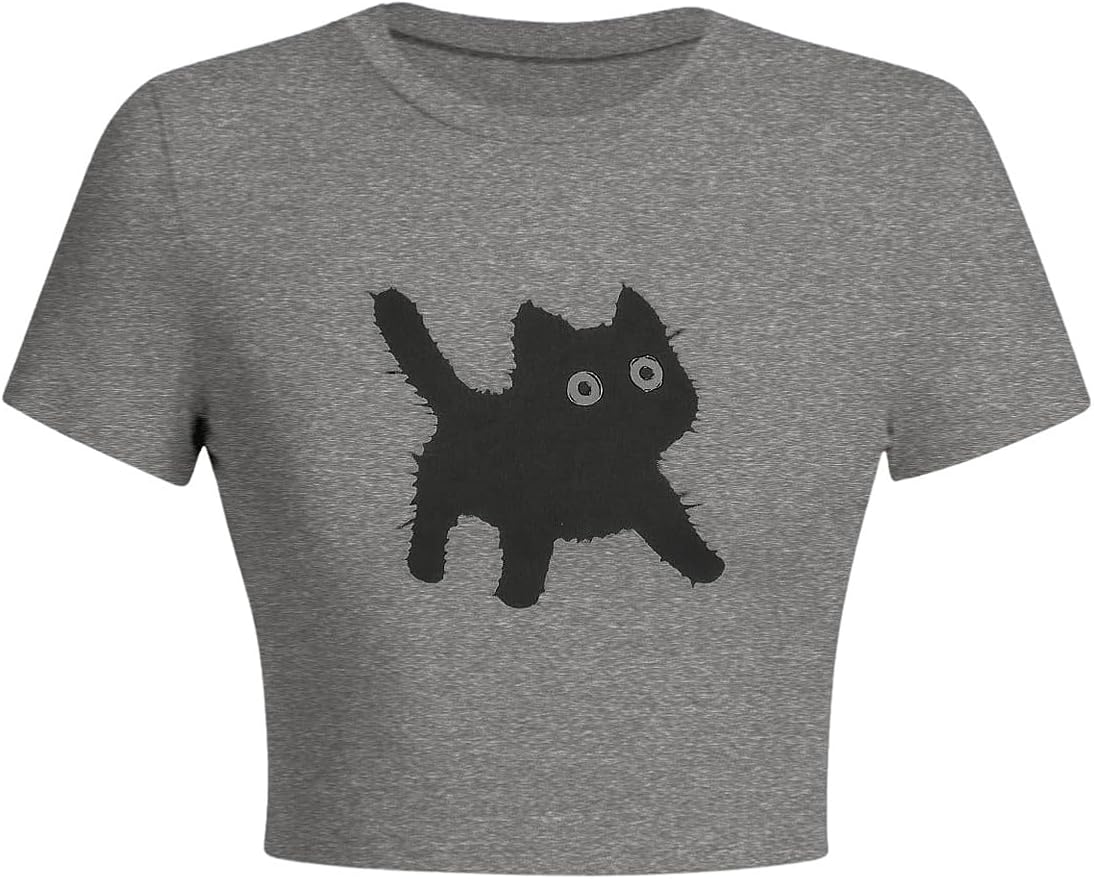 WDIRARA Women's Cute Cat Graphic Tee Y2k Short Sleeve T Shirt Slim Fit Crop Tops