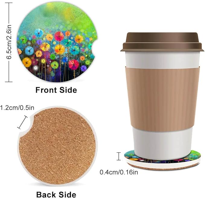 Watercolor Nature Landscape Floral Absorbent Car Coasters,Cute Decorative Ceramic Cup Holders Coasters with a Finger Notch for Women Men 2.56"(2 Pieces)