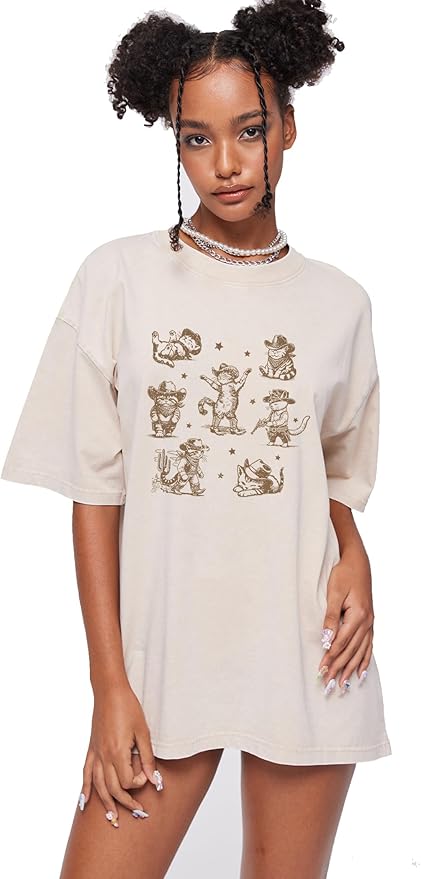 Y2K Oversized Graphic Tees for Women -Cowboy Cats Acid Washed Vintage Unisex Tee Short Sleeve Streetwear Tops