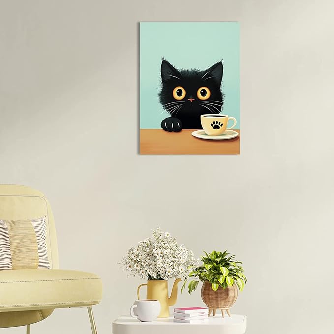 Ypxzzj Cute Black Cat Drinks Coffee Canvas Art Print, 12''x16'', Living Room, Bedroom Wall Decor