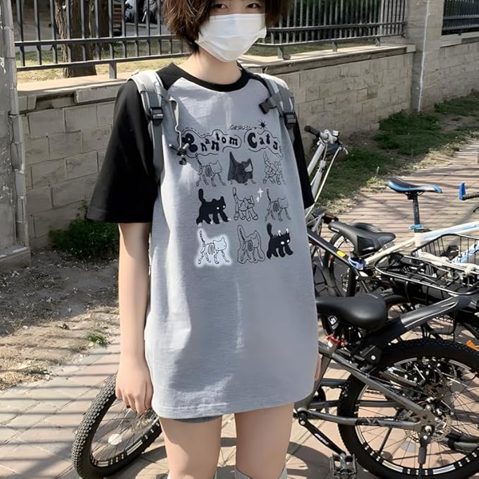 Y2K Harajuku Kawaii Gothic Clothes Casual Crewneck Raglan Sleeve Cartoon Graphic Phantom Cats Print T-Shirt