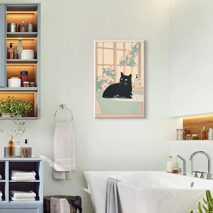 Black Cat Canvas Wall Art, Funny Japanese Cat Bathroom Poster, Cat In A Bubble Bathtub Painting, Neutral Japan Cat Aesthetic Print, Cat Pink Flowers Green Botanical Picture 24x36in Wrapped Canvas