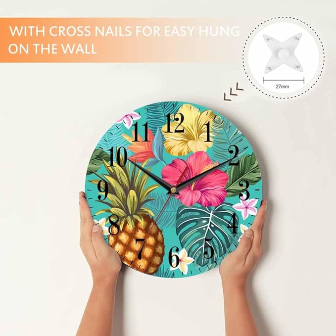 Tropical Pineapple Wall Clock Blooming Hibiscus Flowers Palm Exotic 10 Inch Silent Non Ticking Battery Operated Clock Vintage Round Clock for Living Room Bedroom Bathroom Office Decor