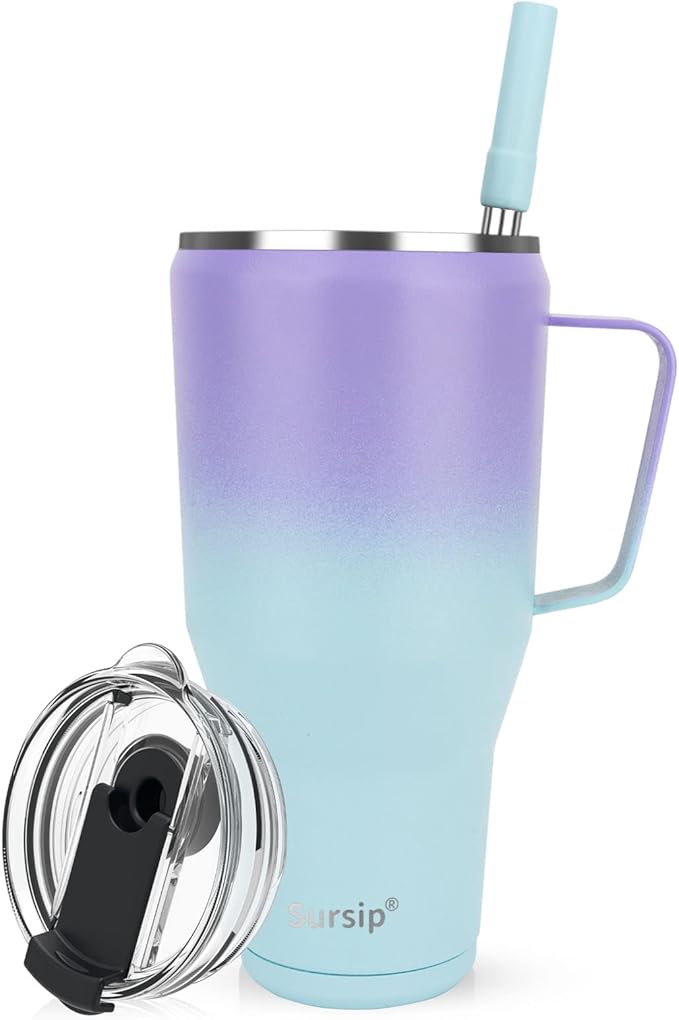 Sursip 40 oz Insulated Tumbler with Screw Lid - Stainless Steel Vacuum Cup with Straw/Handle, Keeps Drinks Cold up to 24 Hours - Sweat/Leak Proof, Dishwasher Safe, Fits Car Cup Holder (Purple&Blue)